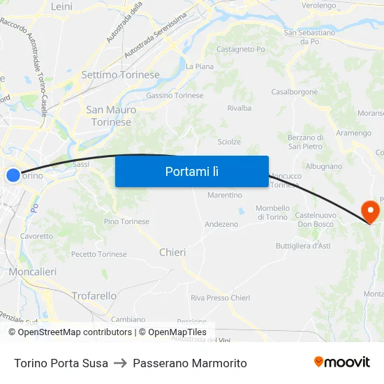Torino Porta Susa to Passerano Marmorito map