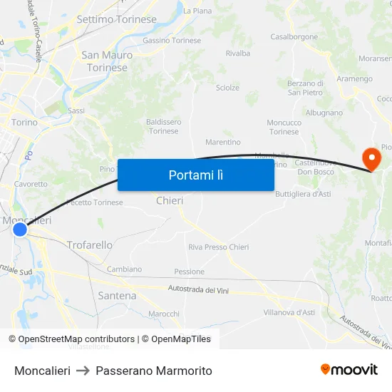Moncalieri to Passerano Marmorito map