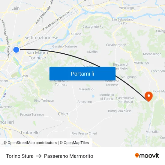 Torino Stura to Passerano Marmorito map