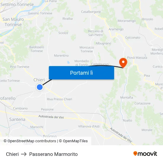 Chieri to Passerano Marmorito map
