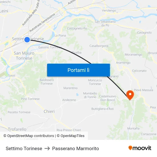 Settimo Torinese to Passerano Marmorito map