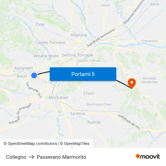 Collegno to Passerano Marmorito map