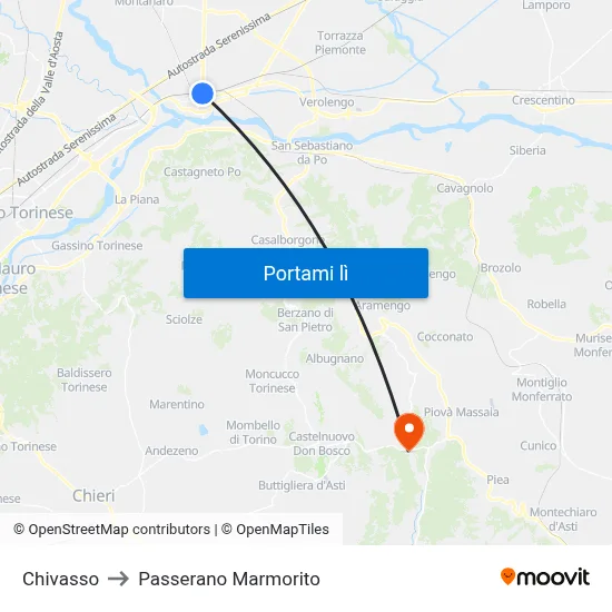 Chivasso to Passerano Marmorito map