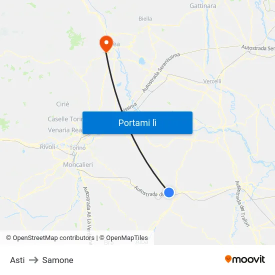 Asti to Samone map