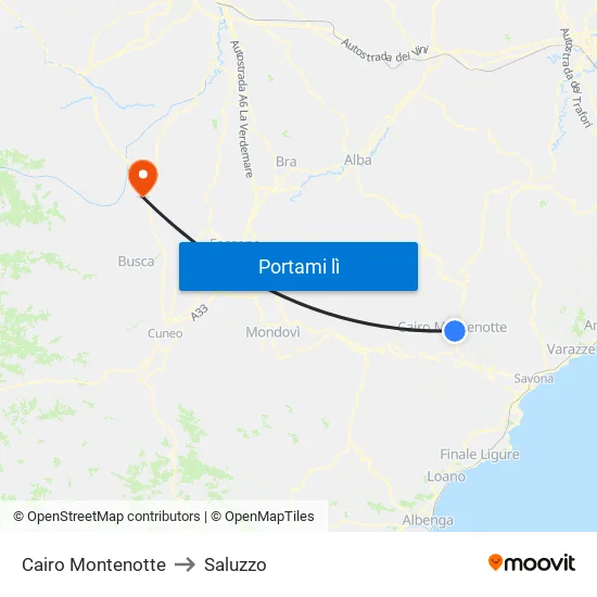 Cairo Montenotte to Saluzzo map