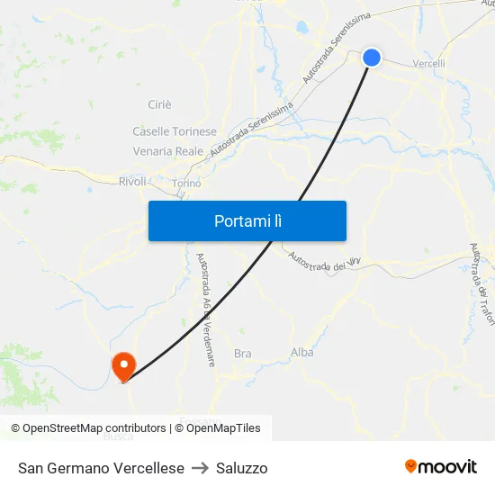 San Germano Vercellese to Saluzzo map