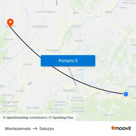 Montezemolo to Saluzzo map