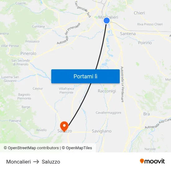 Moncalieri to Saluzzo map