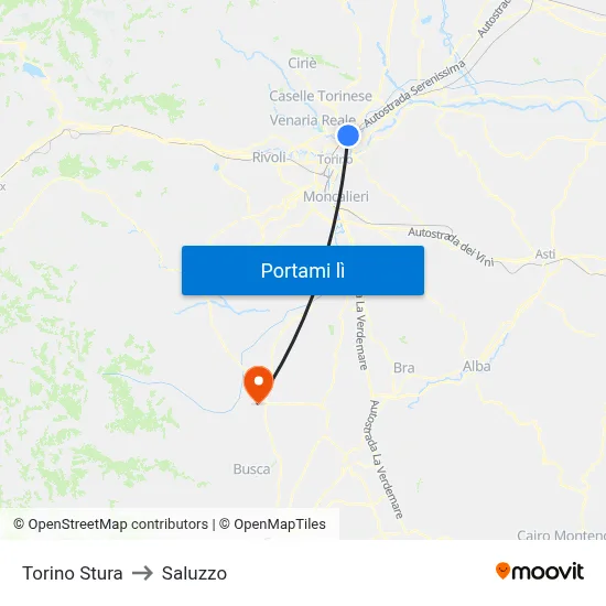 Torino Stura to Saluzzo map