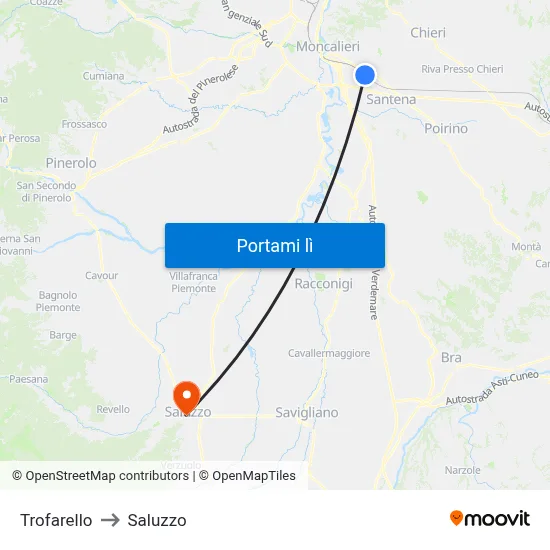 Trofarello to Saluzzo map