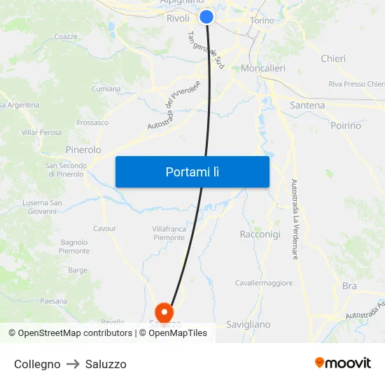 Collegno to Saluzzo map