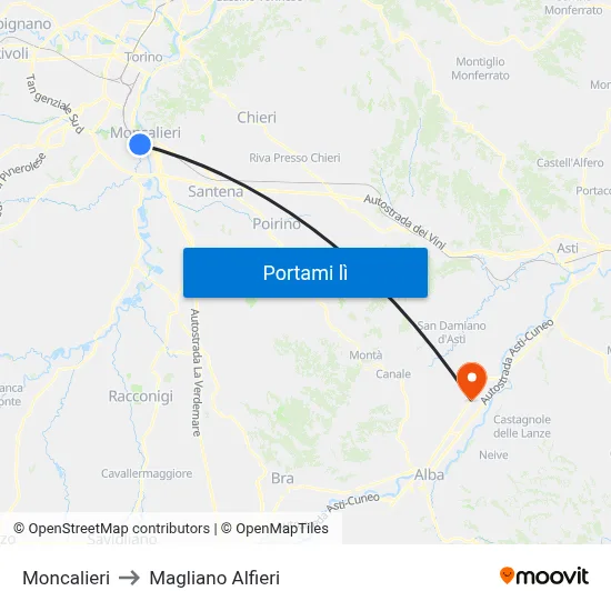 Moncalieri to Magliano Alfieri map