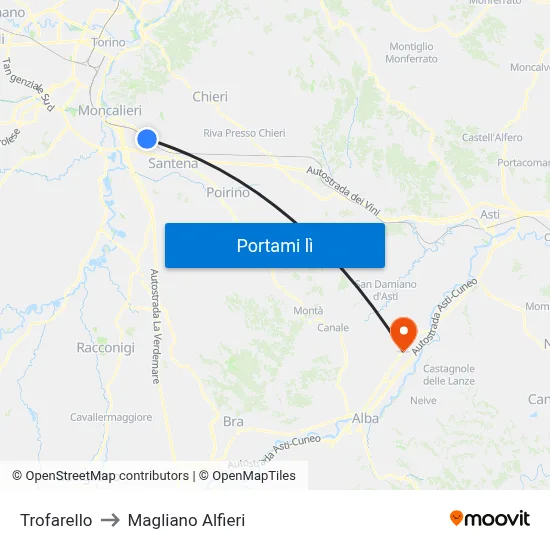 Trofarello to Magliano Alfieri map