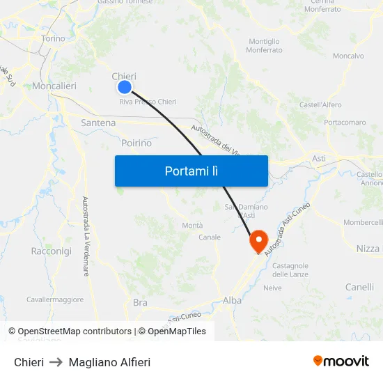 Chieri to Magliano Alfieri map