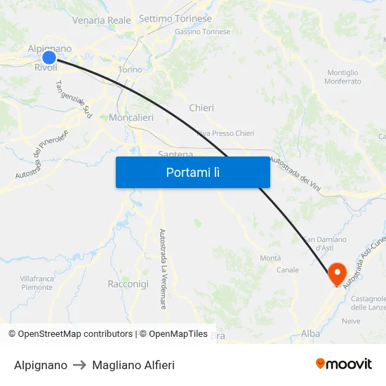 Alpignano to Magliano Alfieri map