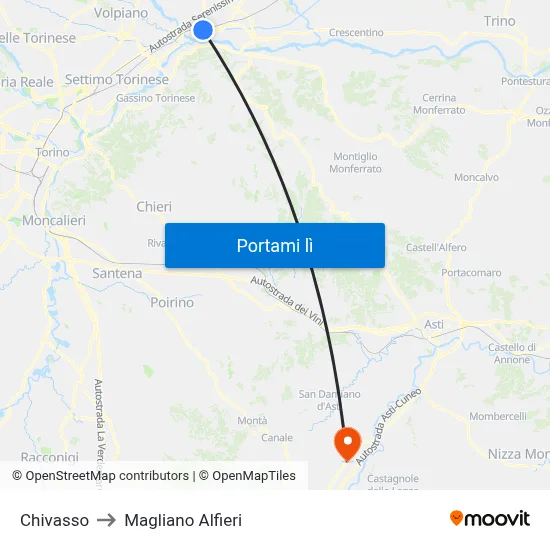 Chivasso to Magliano Alfieri map