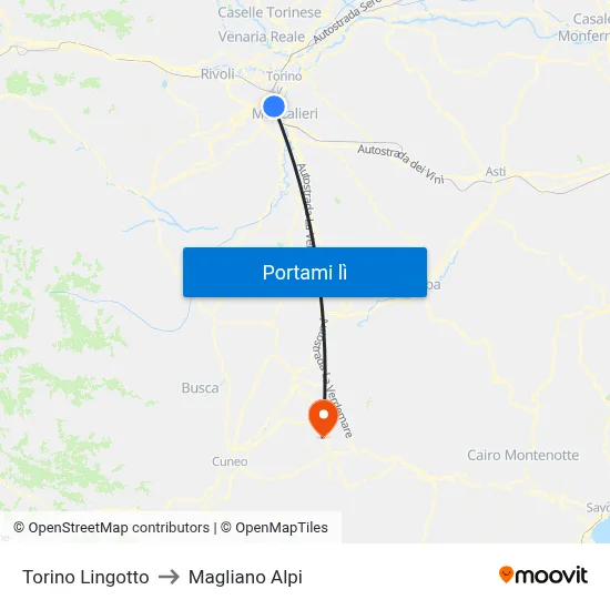 Torino Lingotto to Magliano Alpi map
