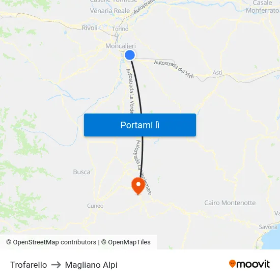 Trofarello to Magliano Alpi map