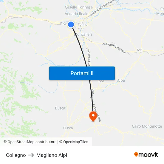 Collegno to Magliano Alpi map