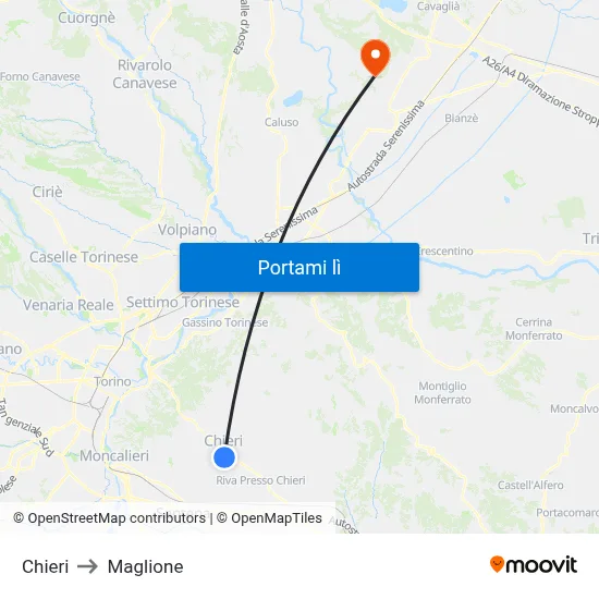 Chieri to Maglione map