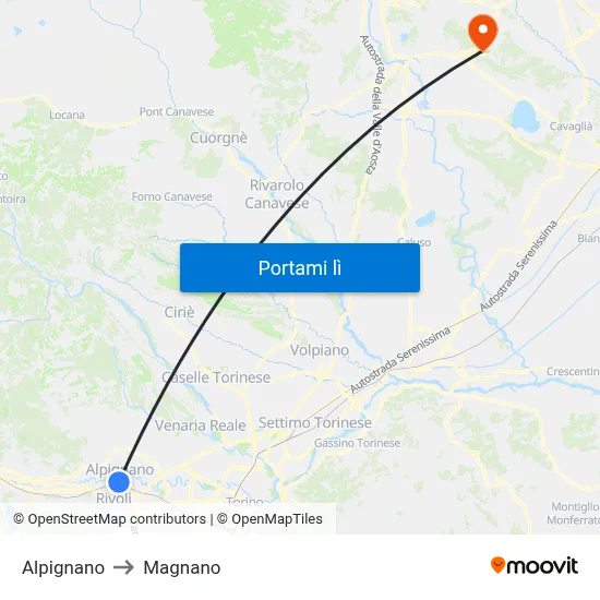 Alpignano to Magnano map