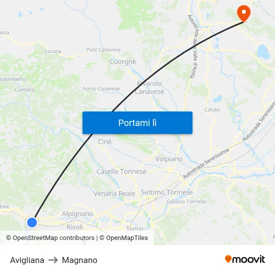 Avigliana to Magnano map