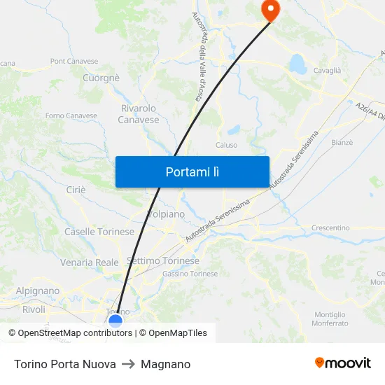 Torino Porta Nuova to Magnano map