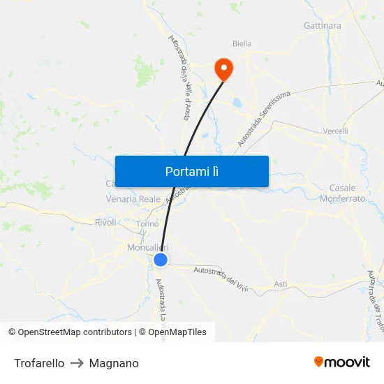 Trofarello to Magnano map
