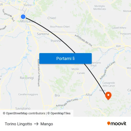Torino Lingotto to Mango map