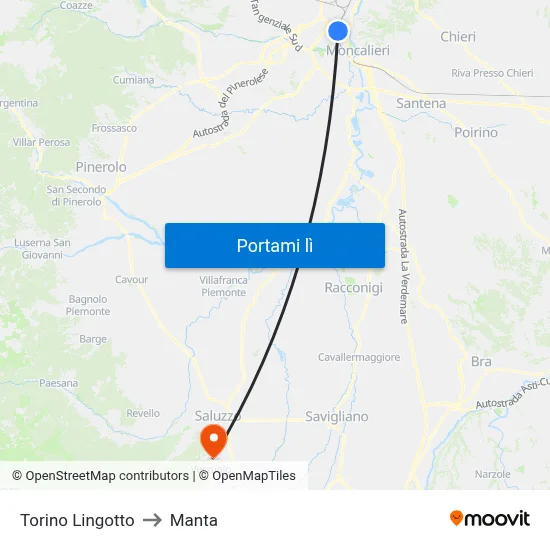 Torino Lingotto to Manta map