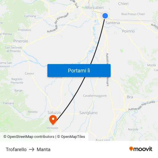 Trofarello to Manta map