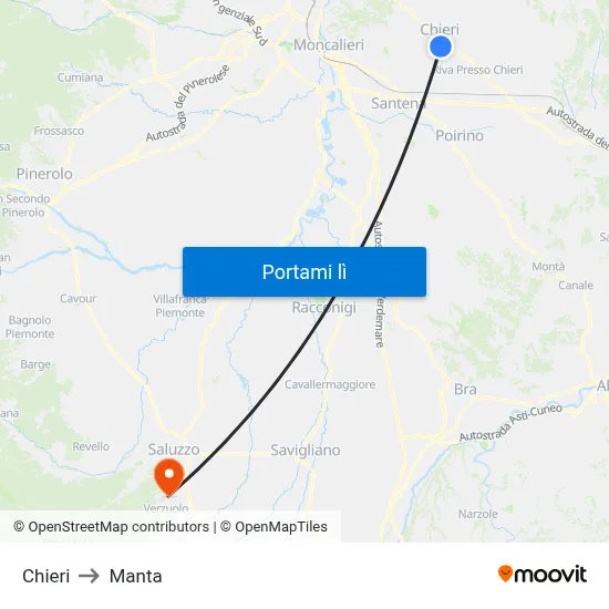 Chieri to Manta map