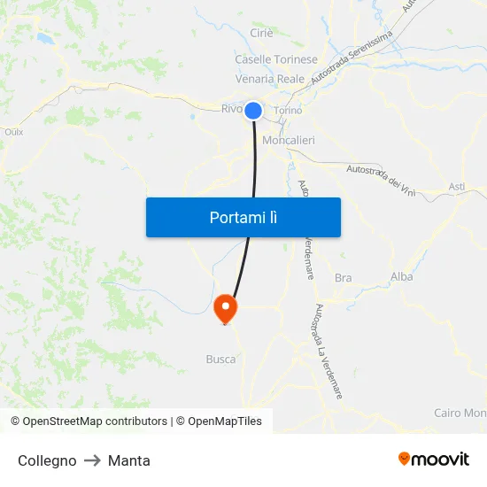 Collegno to Manta map