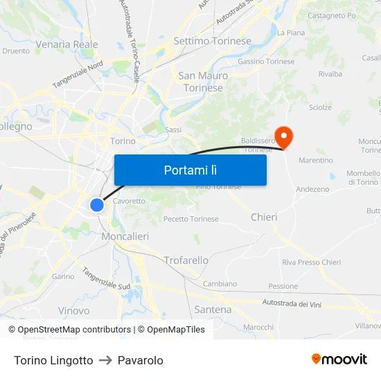 Torino Lingotto to Pavarolo map