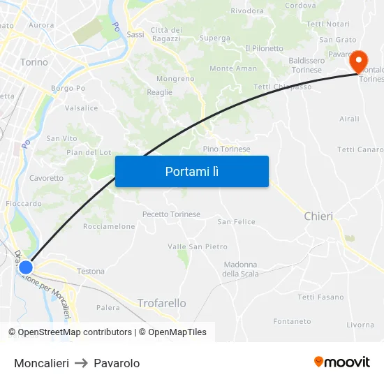 Moncalieri to Pavarolo map