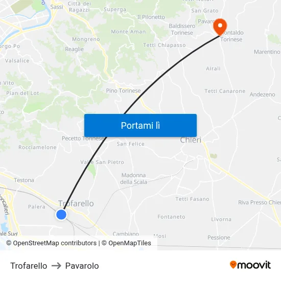 Trofarello to Pavarolo map