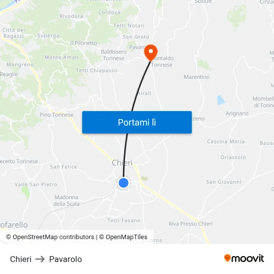 Chieri to Pavarolo map