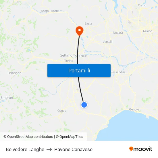 Belvedere Langhe to Pavone Canavese map