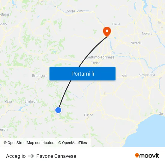 Acceglio to Pavone Canavese map