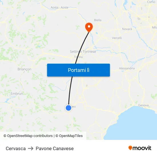 Cervasca to Pavone Canavese map