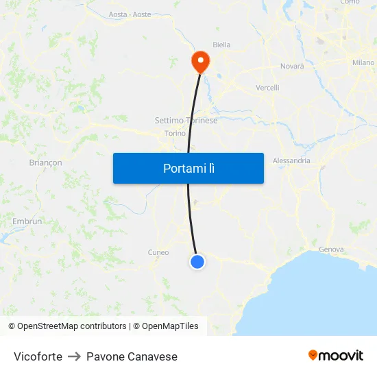 Vicoforte to Pavone Canavese map