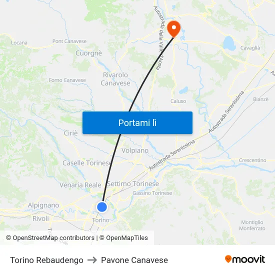 Torino Rebaudengo to Pavone Canavese map