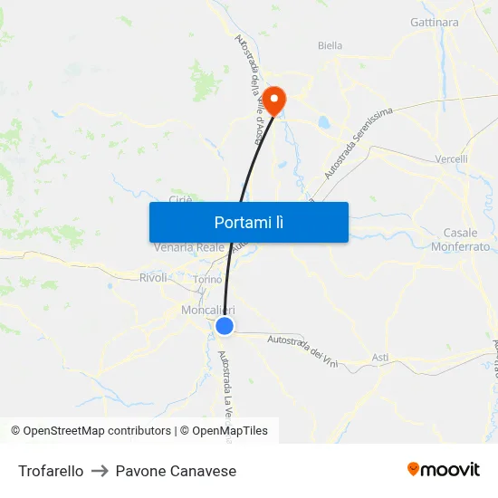 Trofarello to Pavone Canavese map