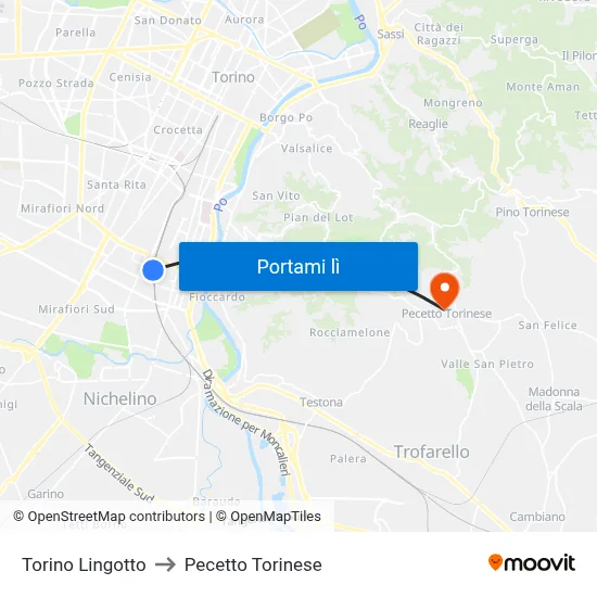 Torino Lingotto to Pecetto Torinese map