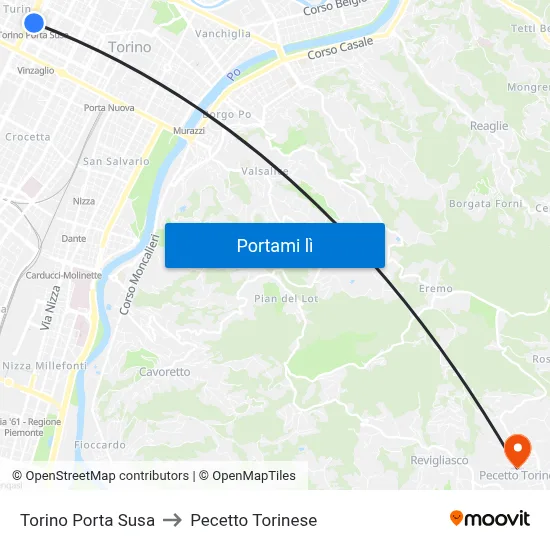 Torino Porta Susa to Pecetto Torinese map