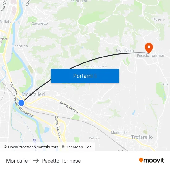 Moncalieri to Pecetto Torinese map