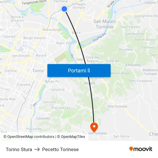 Torino Stura to Pecetto Torinese map