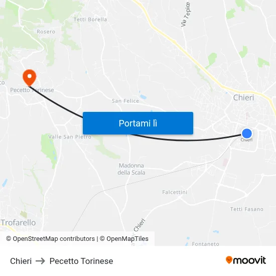 Chieri to Pecetto Torinese map