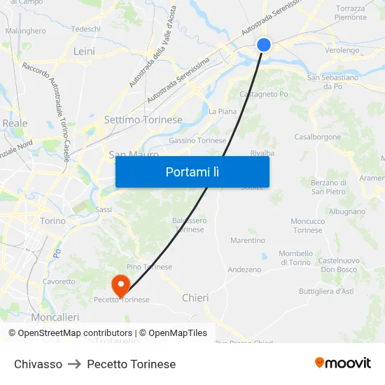 Chivasso to Pecetto Torinese map