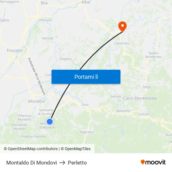 Montaldo Di Mondovì to Perletto map